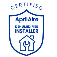 AprilAire Certified Dehumidifier Installer badge featuring a house and wrench icon inside a shield outline—perfect for professionals specializing in crawl space dehumidification solutions.