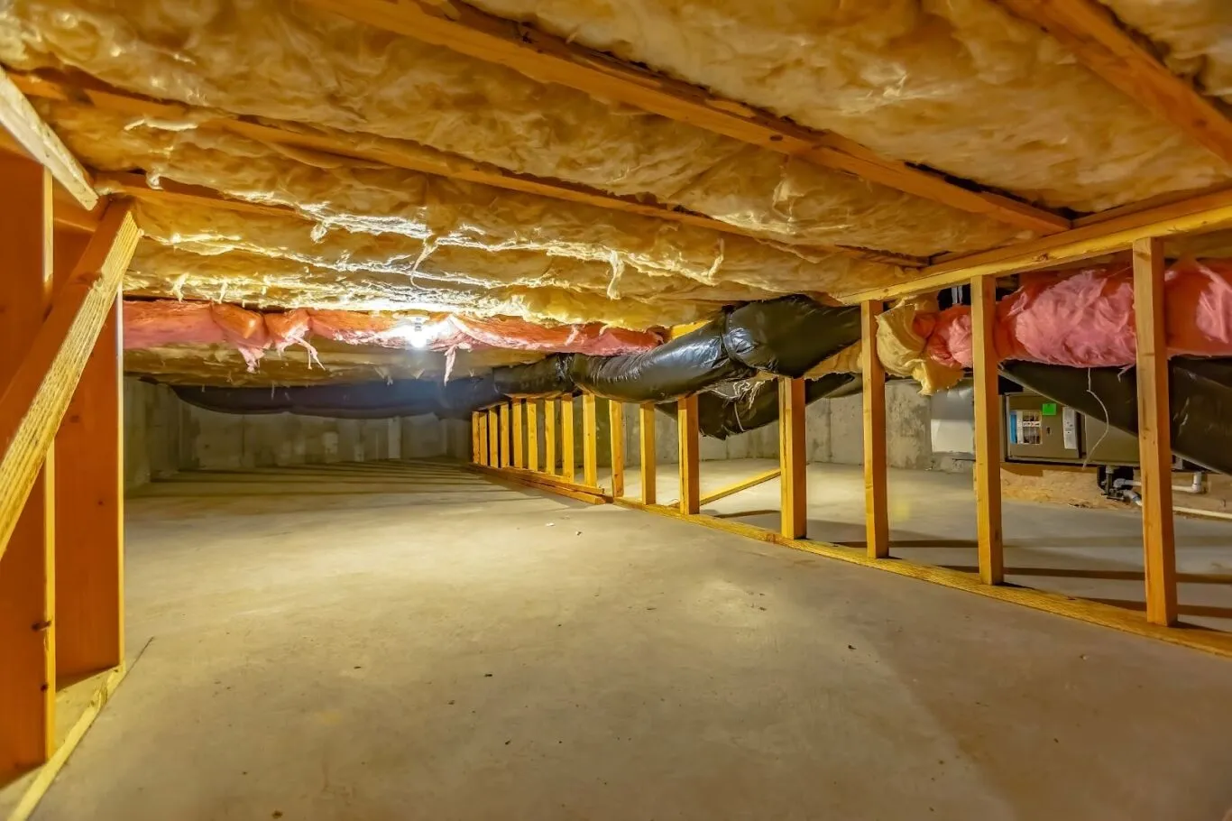 Crawl space with concrete floor, exposed wooden beams, fiberglass insulation on the ceiling, and ventilation ducts along one side.