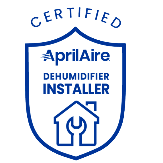 AprilAire Certified Dehumidifier Installer badge featuring a house and wrench icon inside a shield outline—perfect for professionals specializing in crawl space dehumidification solutions.