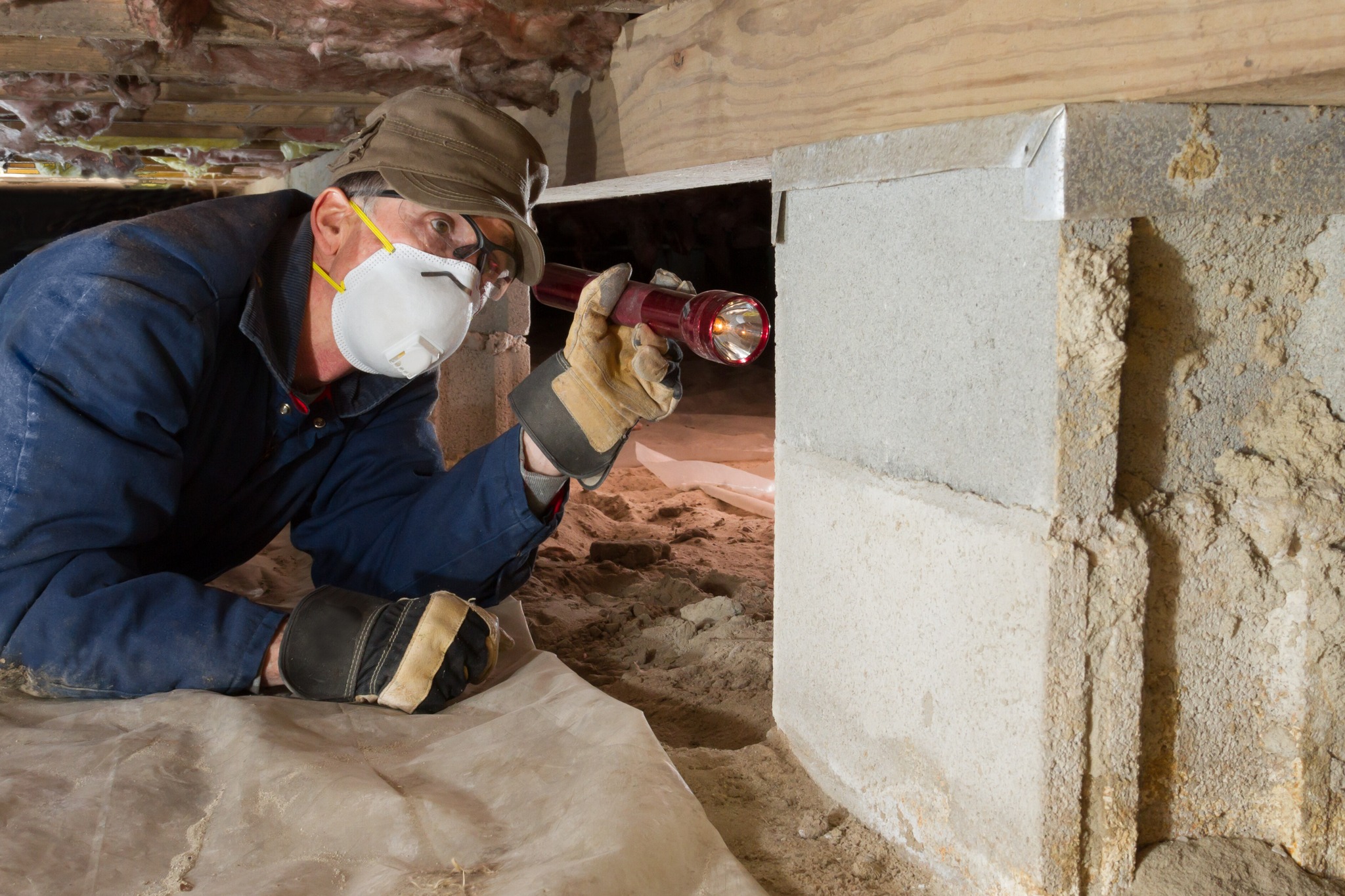 A person wearing protective gear and a mask inspects a crawl space foundation with a flashlight.